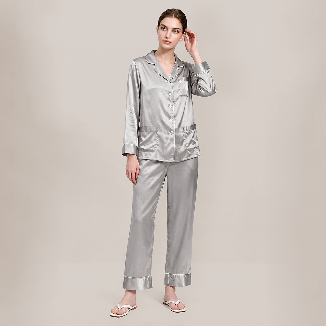 100% Mulberry Silk Piped Long Sleeve Pajama Set - Nomee