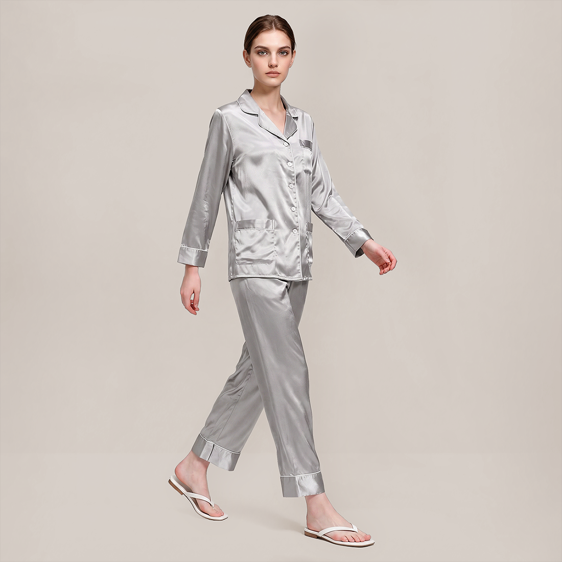 100% Mulberry Silk Piped Long Sleeve Pajama Set - Nomee