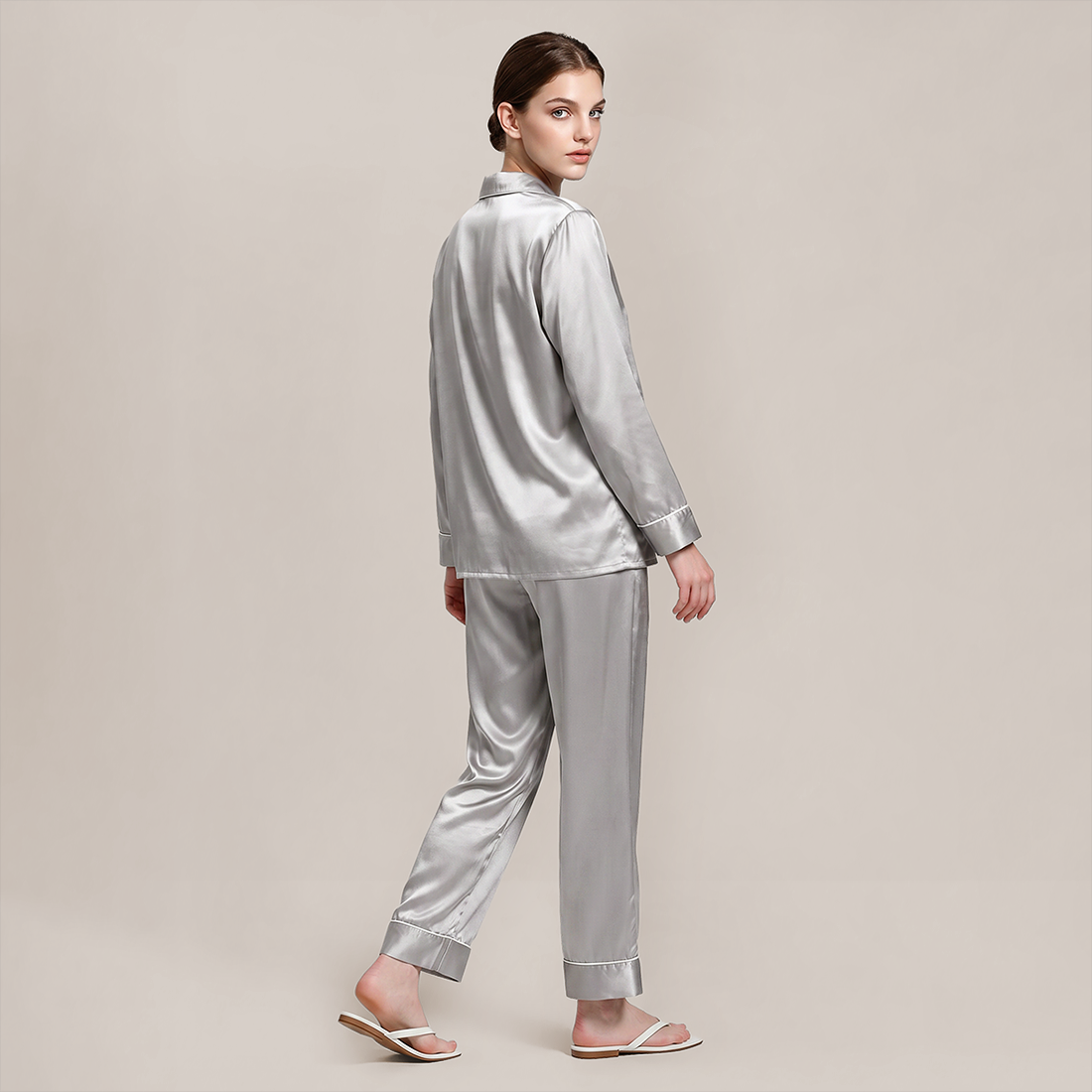 100% Mulberry Silk Piped Long Sleeve Pajama Set - Nomee