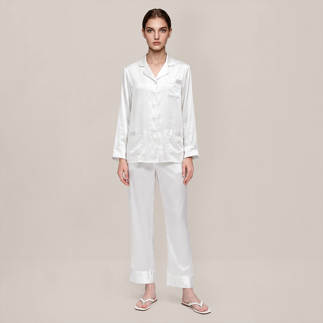 100% Mulberry Silk Piped Long Sleeve Pajama Set - Nomee