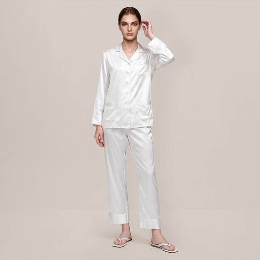 100% Mulberry Silk Piped Long Sleeve Pajama Set - Nomee