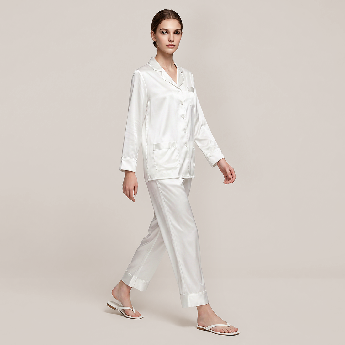100% Mulberry Silk Piped Long Sleeve Pajama Set - Nomee