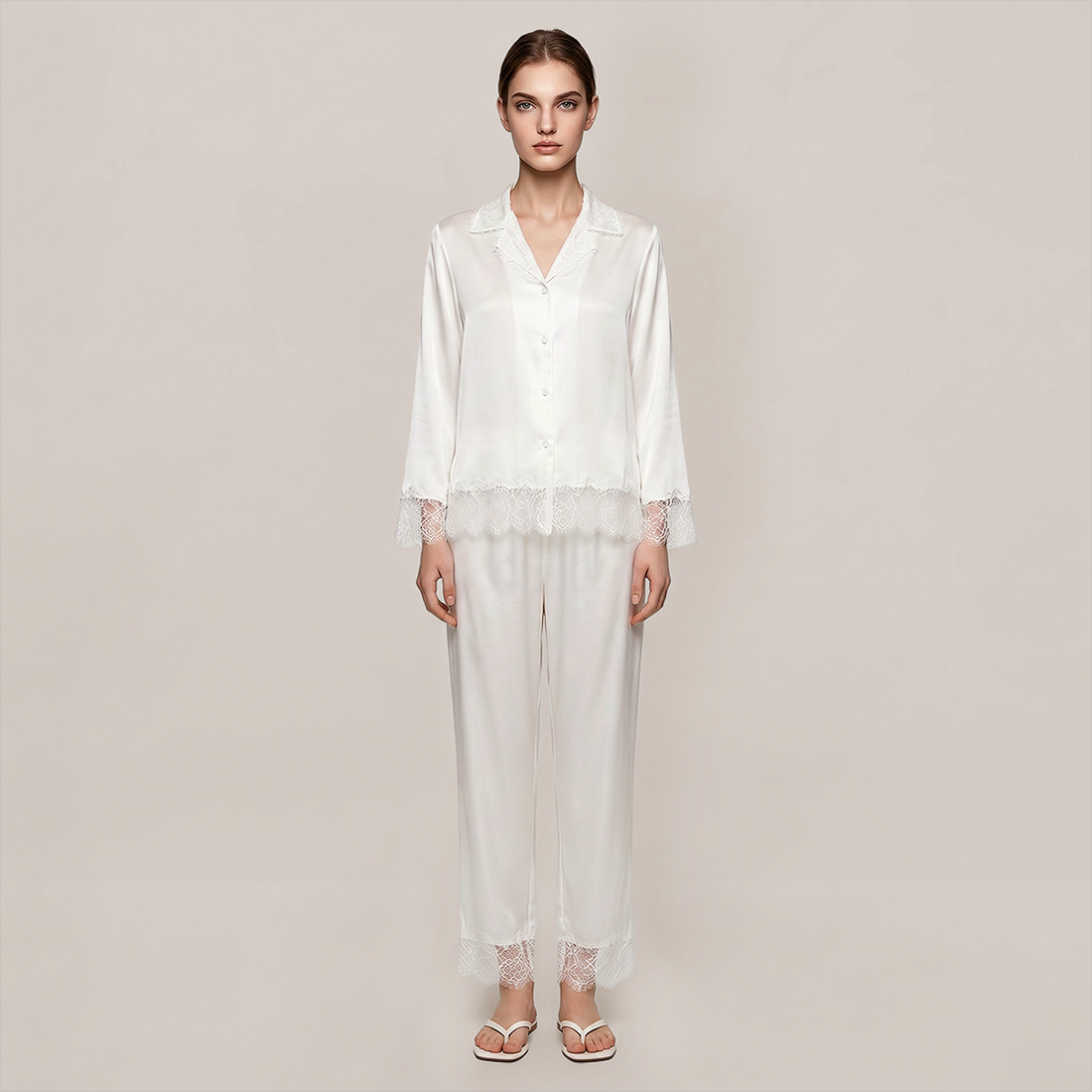 100% Mulberry Silk Lace Trim Long Sleeve Pajama Set - Nomee