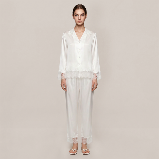 100% Mulberry Silk Lace Trim Long Sleeve Pajama Set - Nomee