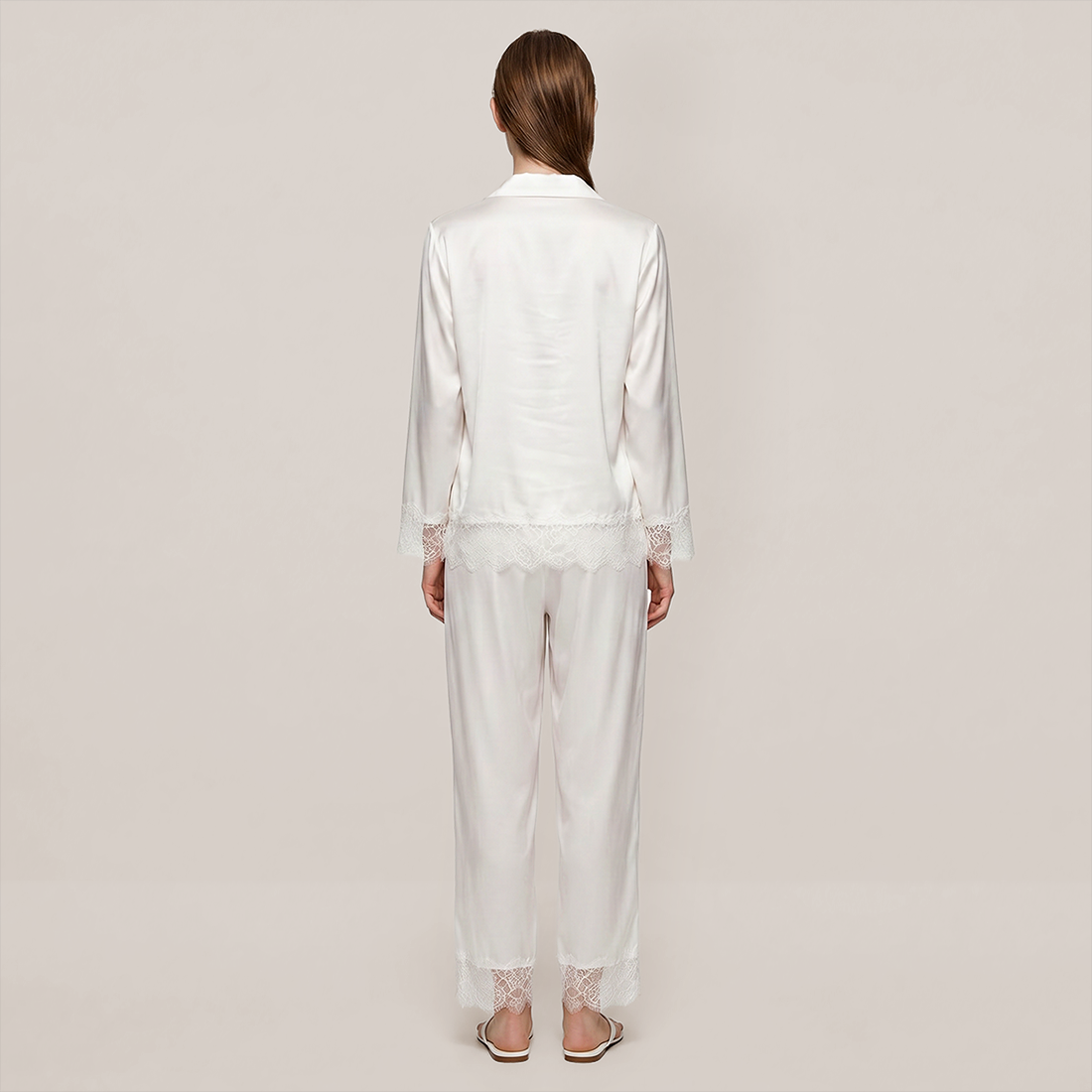 100% Mulberry Silk Lace Trim Long Sleeve Pajama Set - Nomee