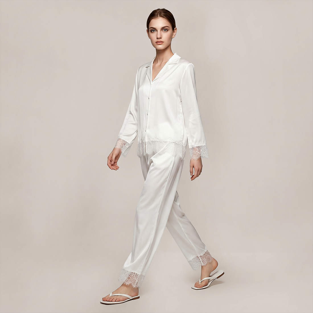 100% Mulberry Silk Lace Trim Long Sleeve Pajama Set - Nomee