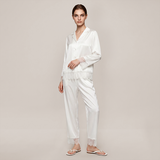 100% Mulberry Silk Lace Trim Long Sleeve Pajama Set - Nomee