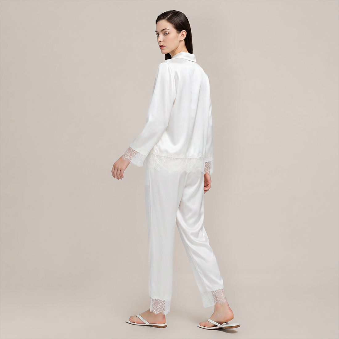 100% Mulberry Silk Lace Trim Long Sleeve Pajama Set - Nomee