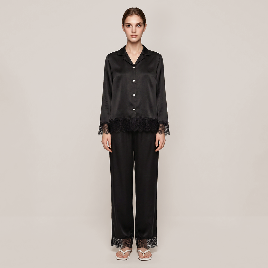 100% Mulberry Silk Lace Trim Long Sleeve Pajama Set - Nomee
