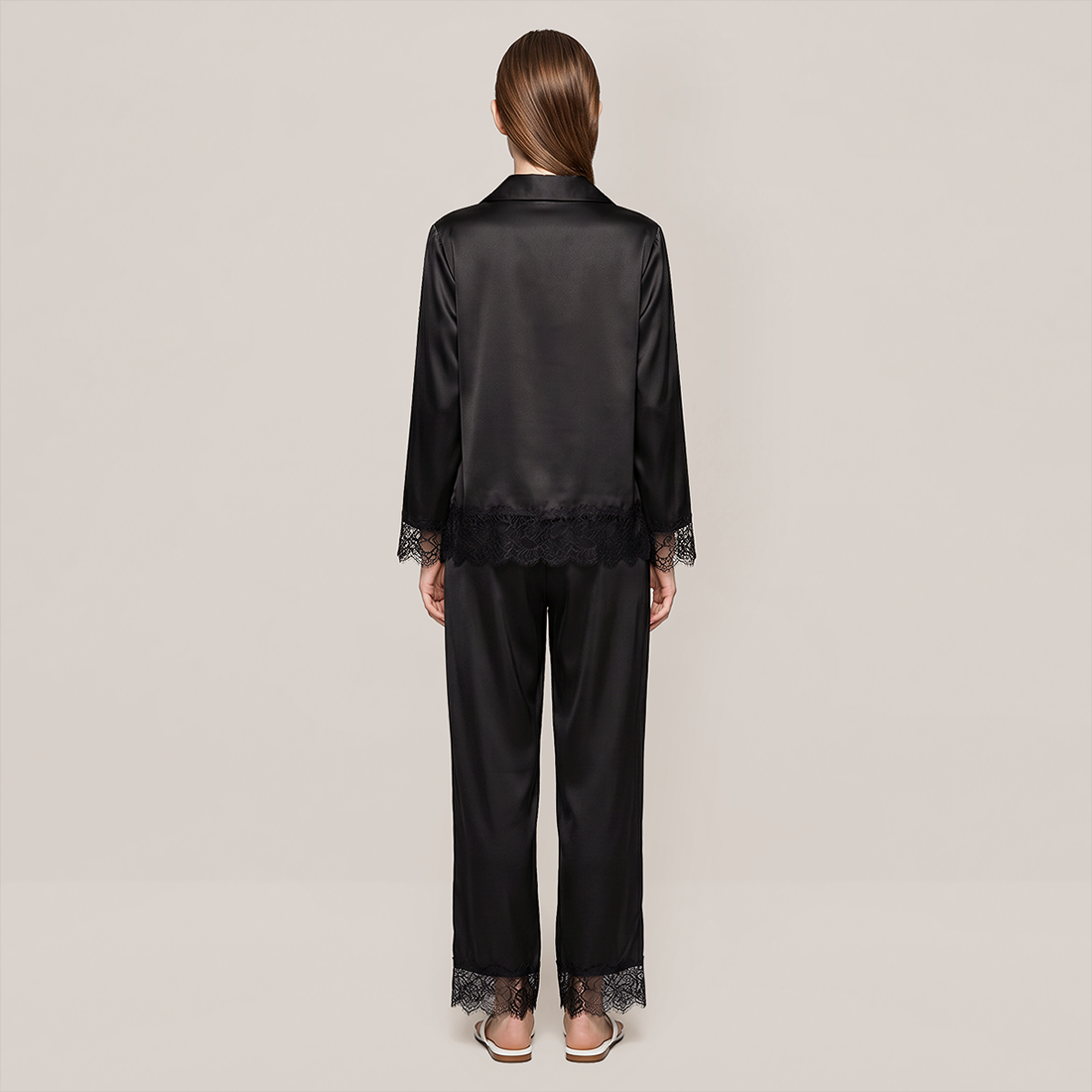 100% Mulberry Silk Lace Trim Long Sleeve Pajama Set - Nomee
