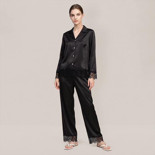 100% Mulberry Silk Lace Trim Long Sleeve Pajama Set - Nomee
