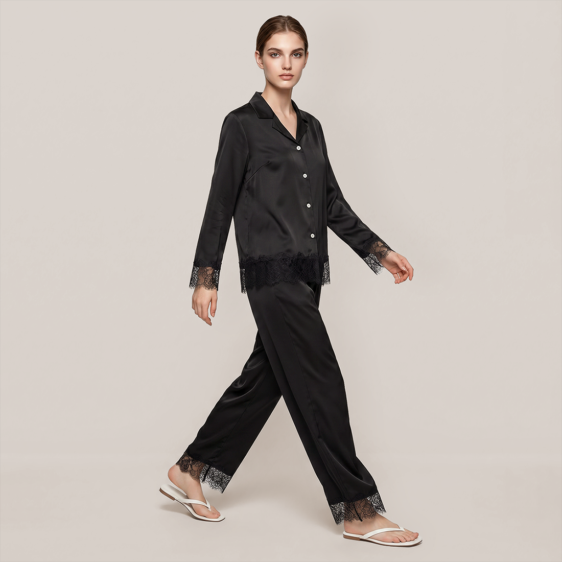 100% Mulberry Silk Lace Trim Long Sleeve Pajama Set - Nomee