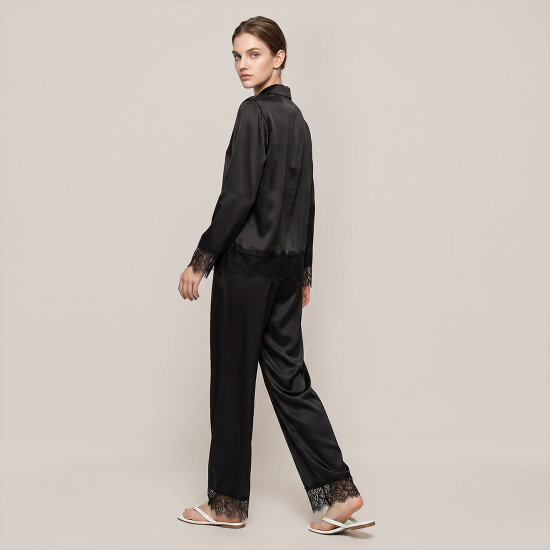 100% Mulberry Silk Lace Trim Long Sleeve Pajama Set - Nomee