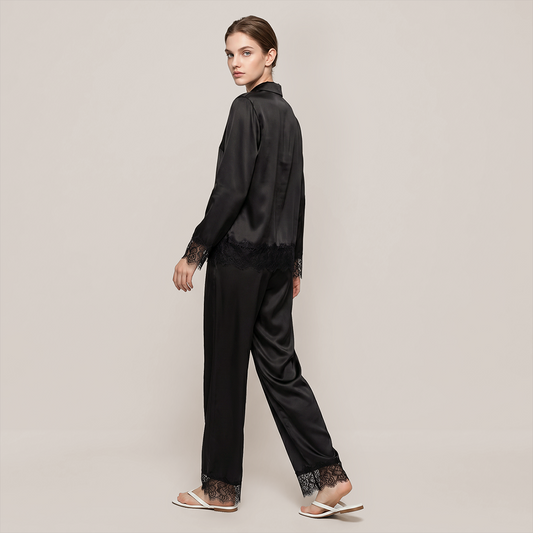 100% Mulberry Silk Lace Trim Long Sleeve Pajama Set - Nomee