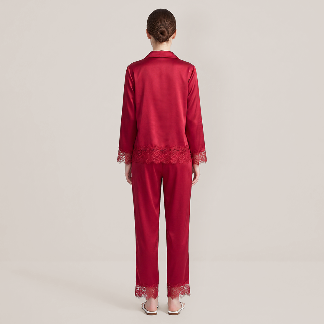 100% Mulberry Silk Lace Trim Long Sleeve Pajama Set - Nomee