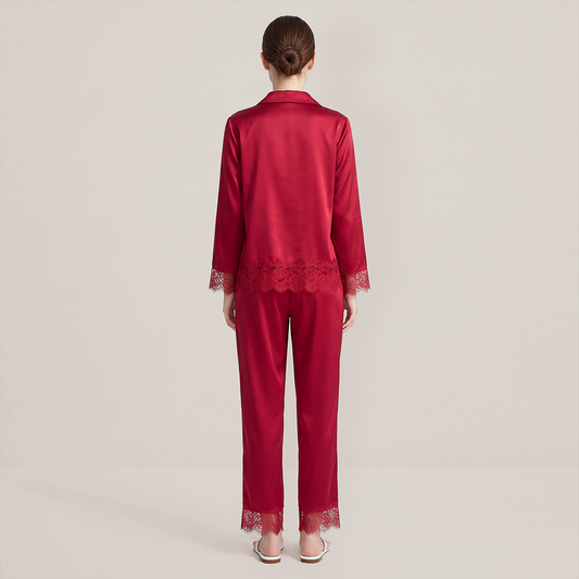 100% Mulberry Silk Lace Trim Long Sleeve Pajama Set - Nomee