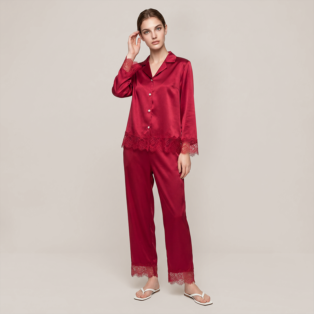 100% Mulberry Silk Lace Trim Long Sleeve Pajama Set - Nomee