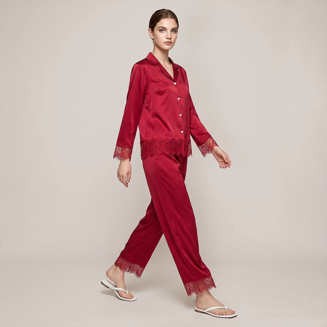 100% Mulberry Silk Lace Trim Long Sleeve Pajama Set - Nomee