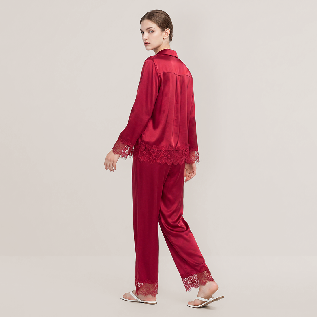 100% Mulberry Silk Lace Trim Long Sleeve Pajama Set - Nomee
