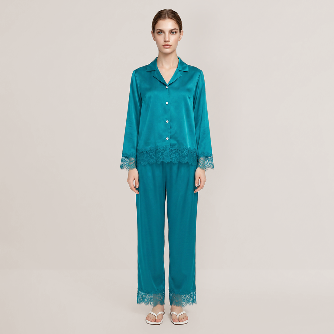 100% Mulberry Silk Lace Trim Long Sleeve Pajama Set - Nomee