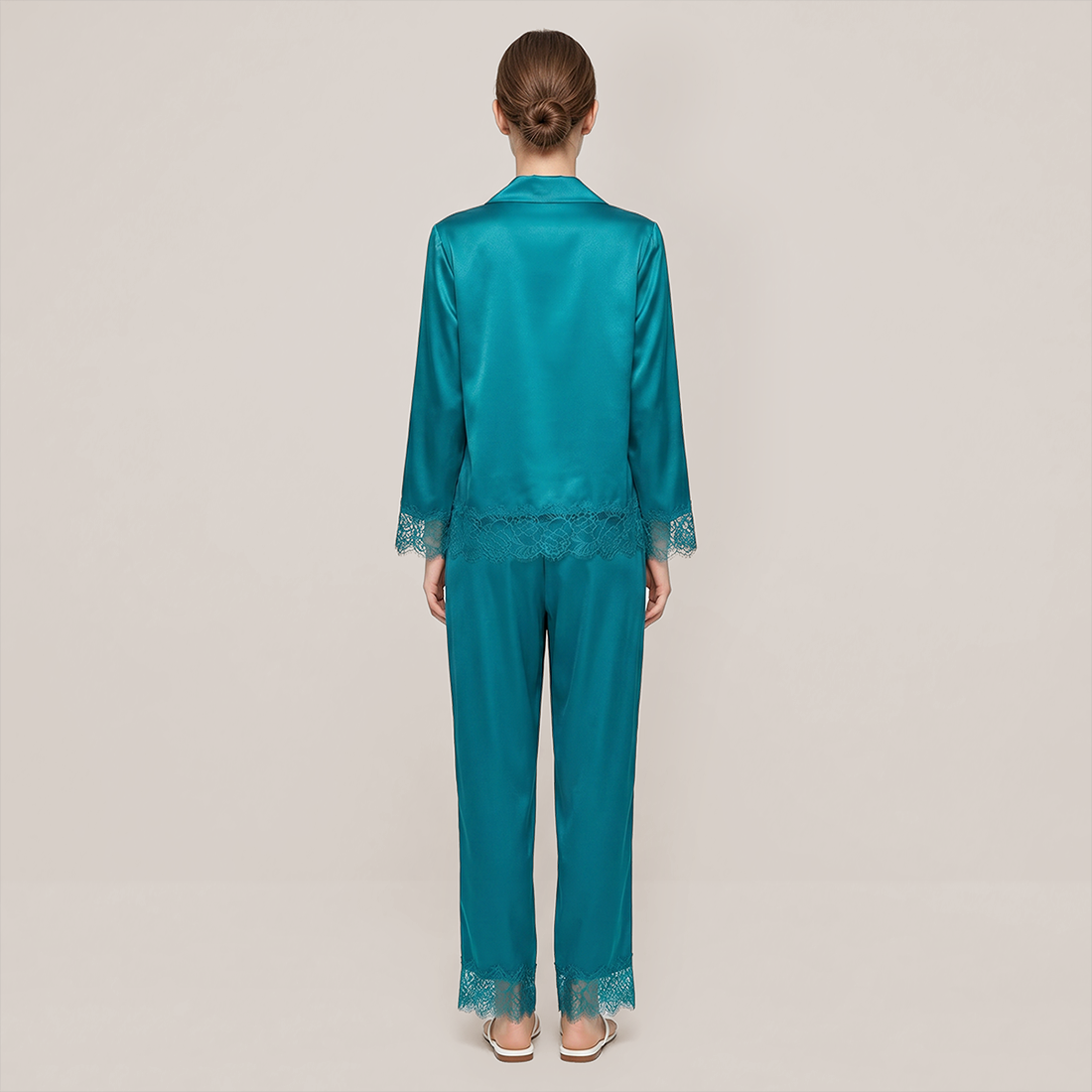 100% Mulberry Silk Lace Trim Long Sleeve Pajama Set - Nomee