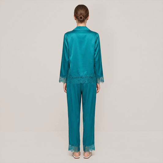 100% Mulberry Silk Lace Trim Long Sleeve Pajama Set - Nomee