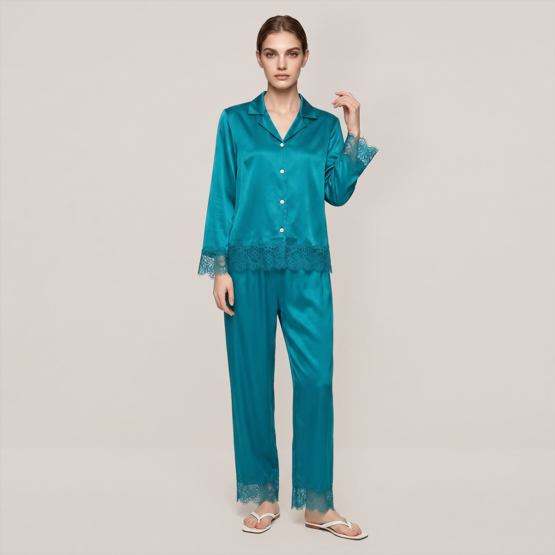 100% Mulberry Silk Lace Trim Long Sleeve Pajama Set - Nomee