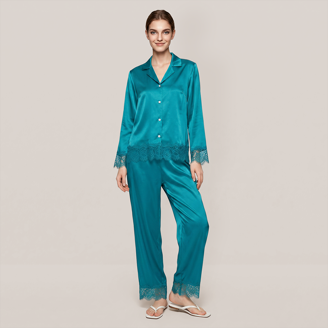 100% Mulberry Silk Lace Trim Long Sleeve Pajama Set - Nomee