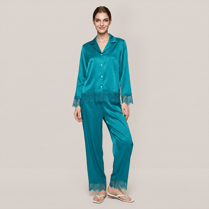 100% Mulberry Silk Lace Trim Long Sleeve Pajama Set - Nomee