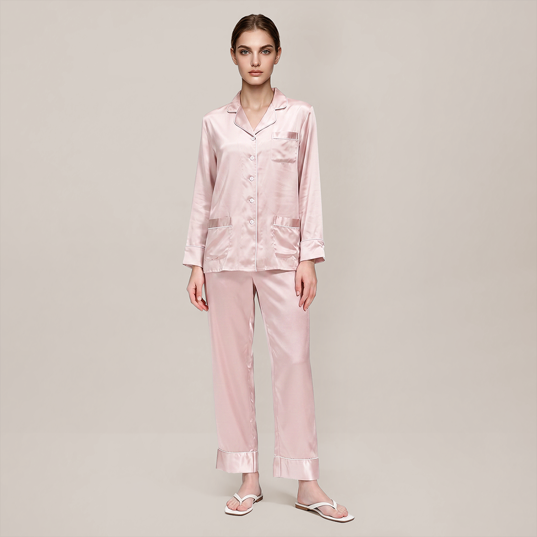 100% Mulberry Silk V-Neck Long Sleeve Pajama Set 25mm - Nomee
