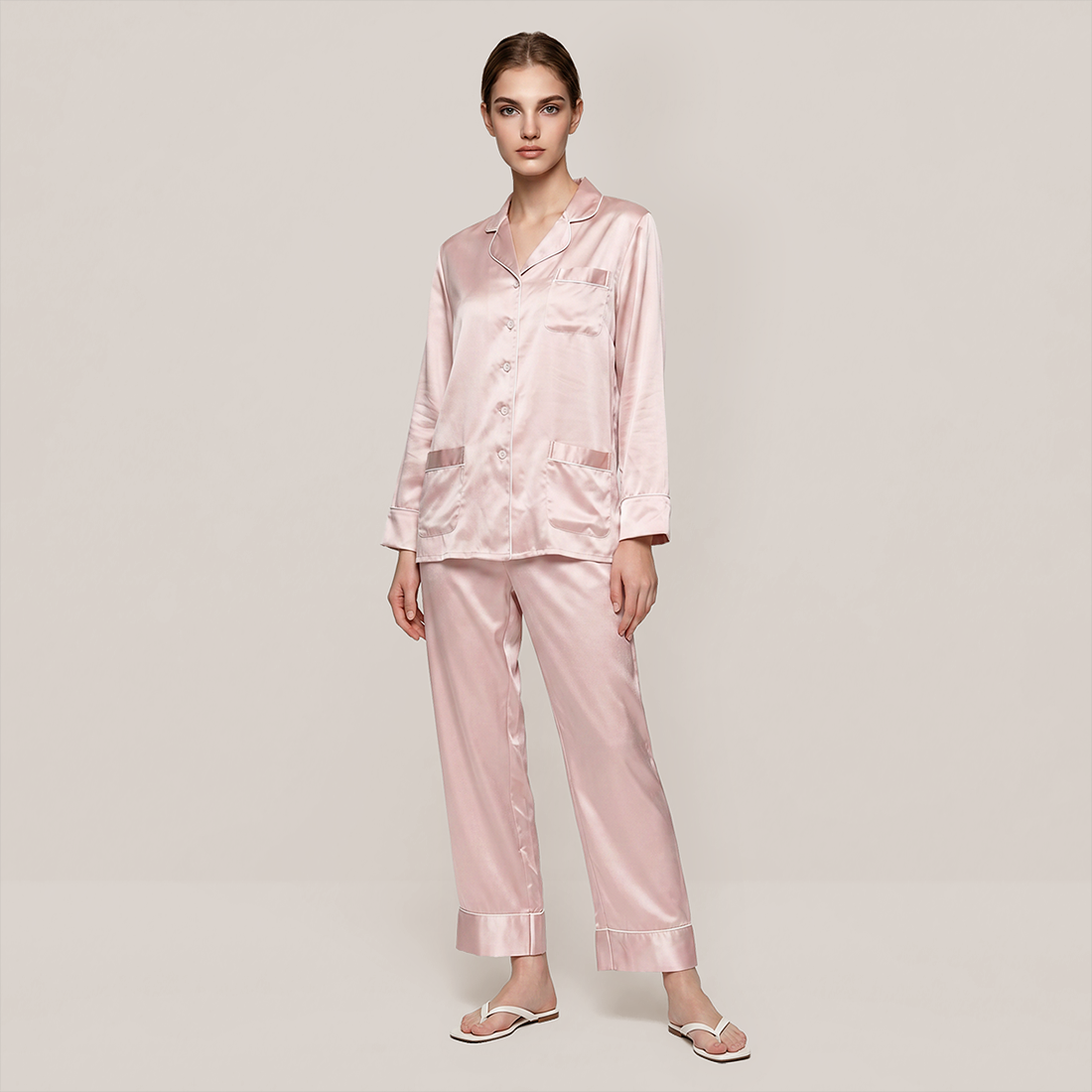 100% Mulberry Silk V-Neck Long Sleeve Pajama Set 25mm - Nomee