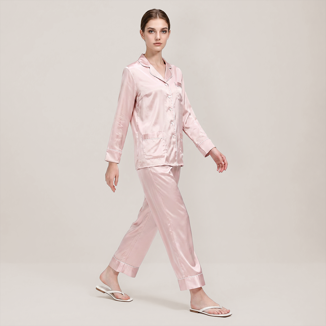 100% Mulberry Silk V-Neck Long Sleeve Pajama Set 25mm - Nomee