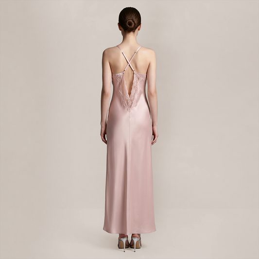 100% Mulberry Silk Lace Trim Cami Nightgown Set - Nomee