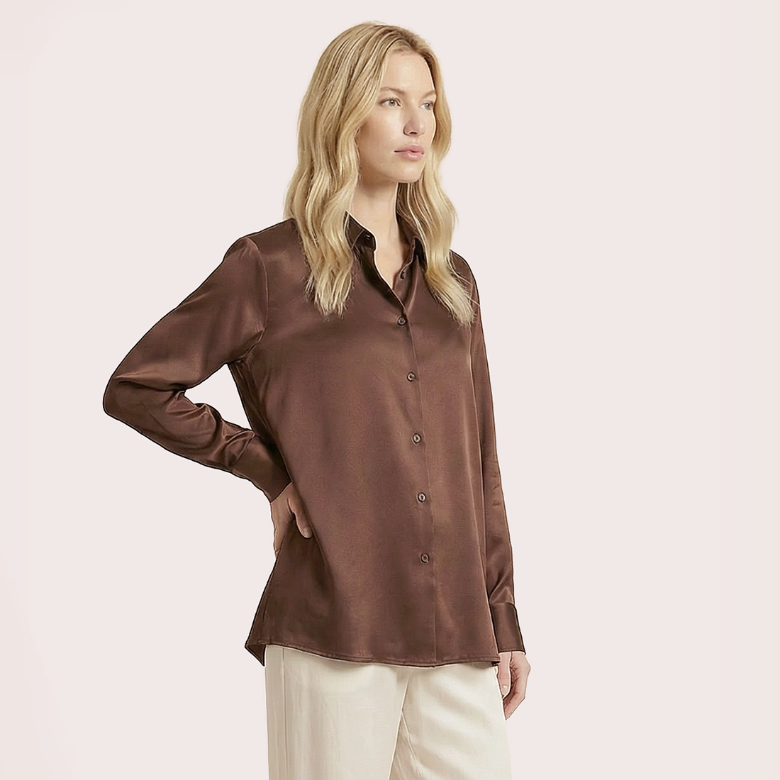 Silk V-neck long sleeved shirt-Nomee