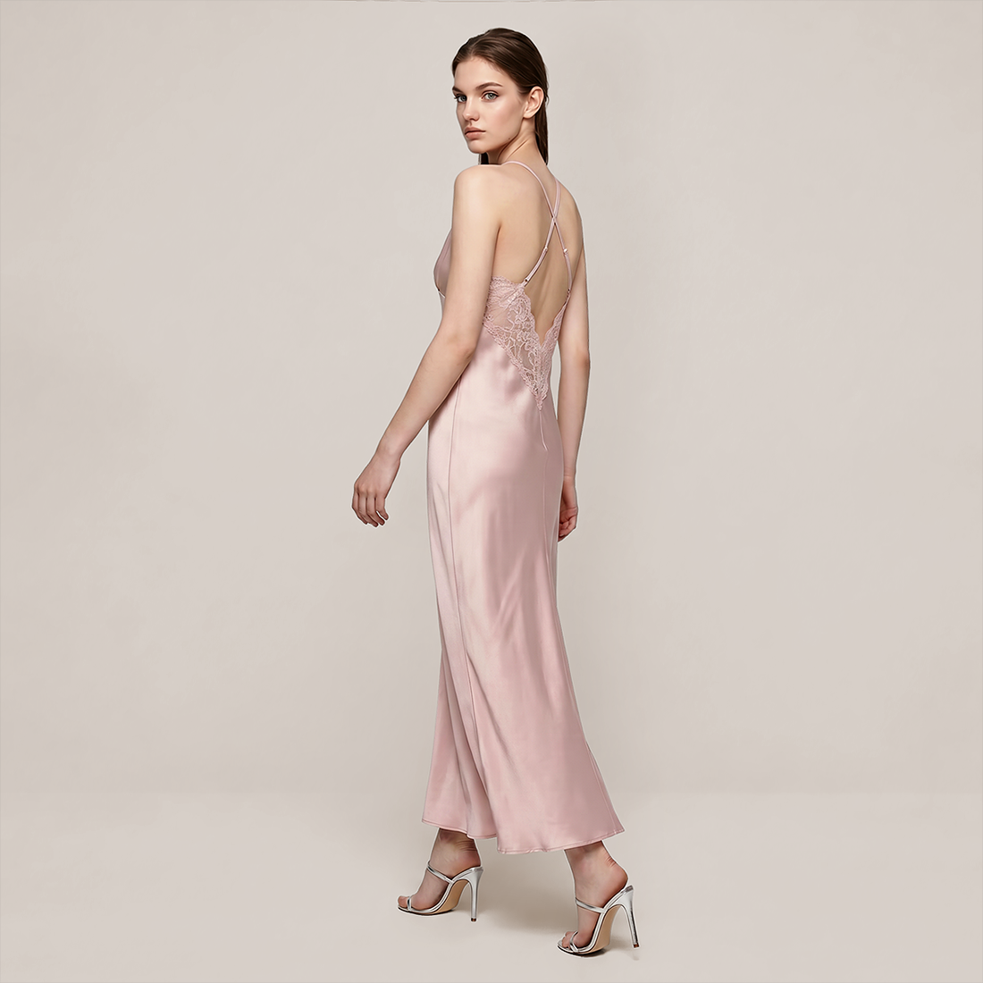 100% Mulberry Silk Lace Trim Cami Nightgown Set - Nomee