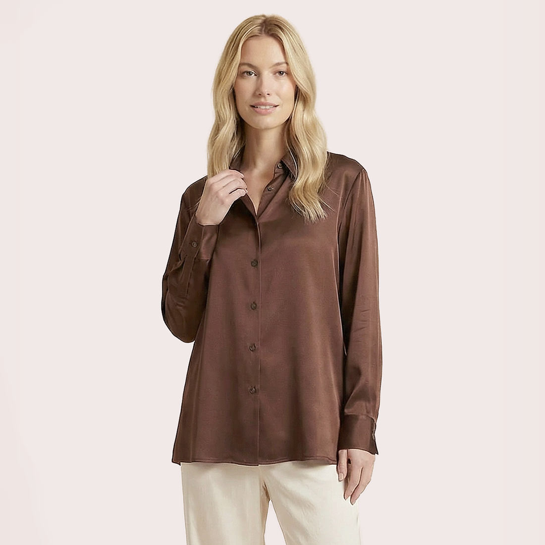 Silk V-neck long sleeved shirt-Nomee