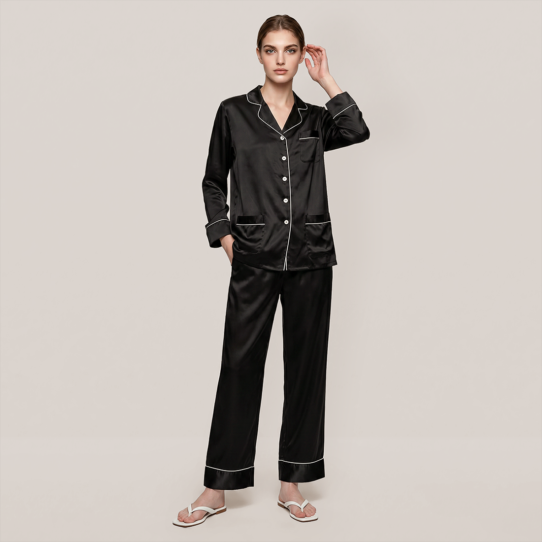 100% Mulberry Silk V-Neck Long Sleeve Pajama Set 25mm - Nomee