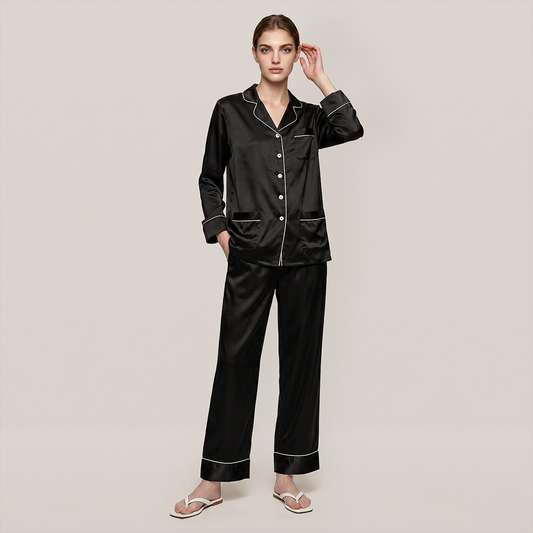 100% Mulberry Silk V-Neck Long Sleeve Pajama Set 25mm - Nomee