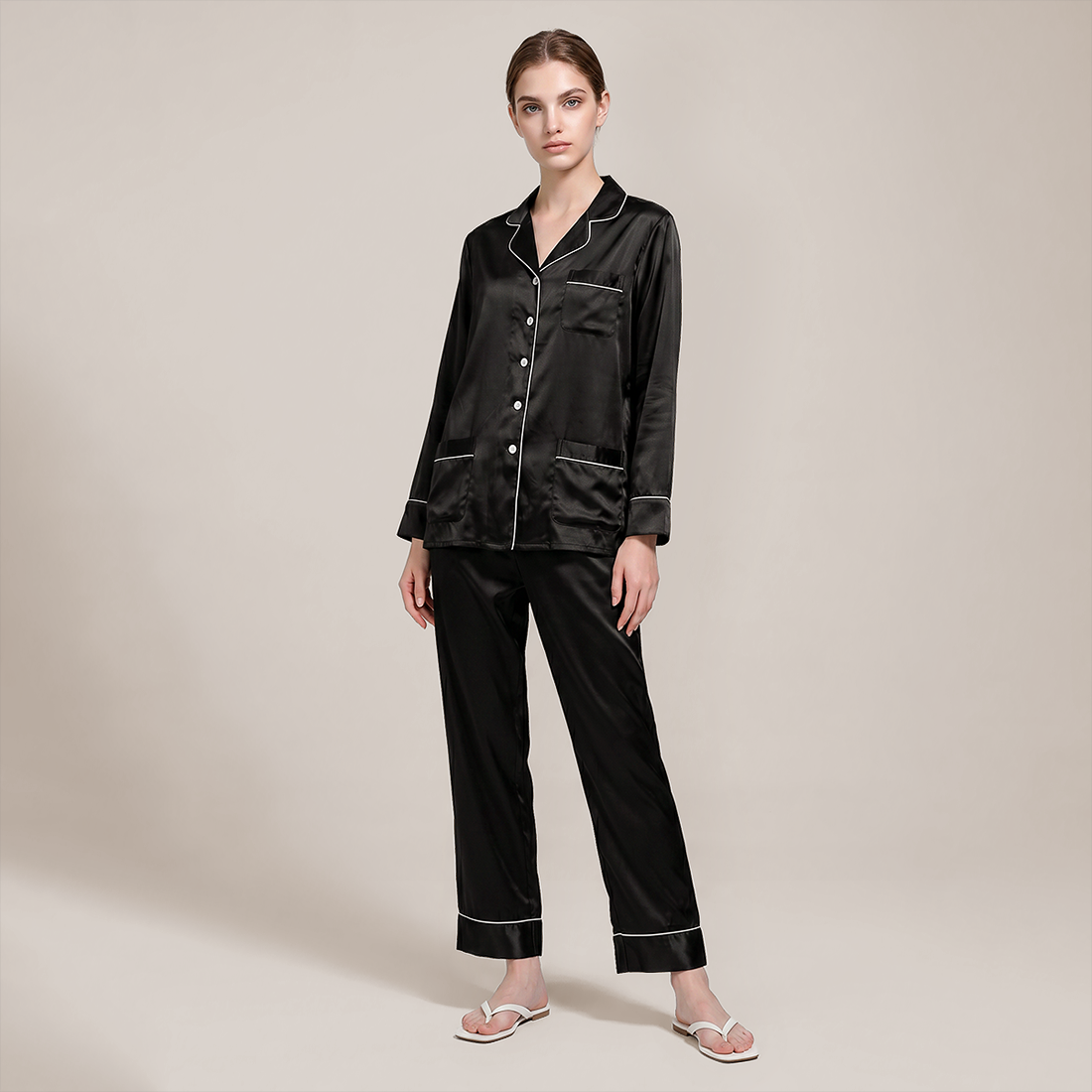 100% Mulberry Silk V-Neck Long Sleeve Pajama Set 25mm - Nomee
