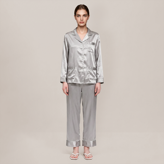 100% Mulberry Silk V-Neck Long Sleeve Pajama Set 25mm - Nomee