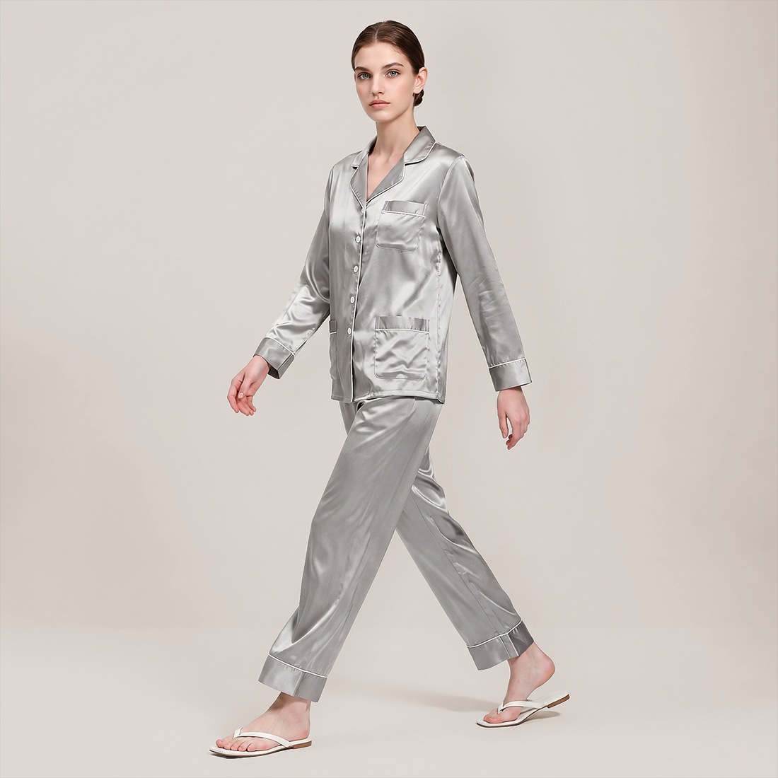 100% Mulberry Silk V-Neck Long Sleeve Pajama Set 25mm - Nomee