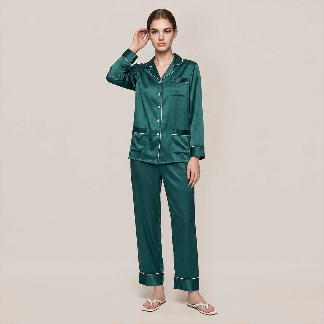 100% Mulberry Silk V-Neck Long Sleeve Pajama Set 25mm - Nomee