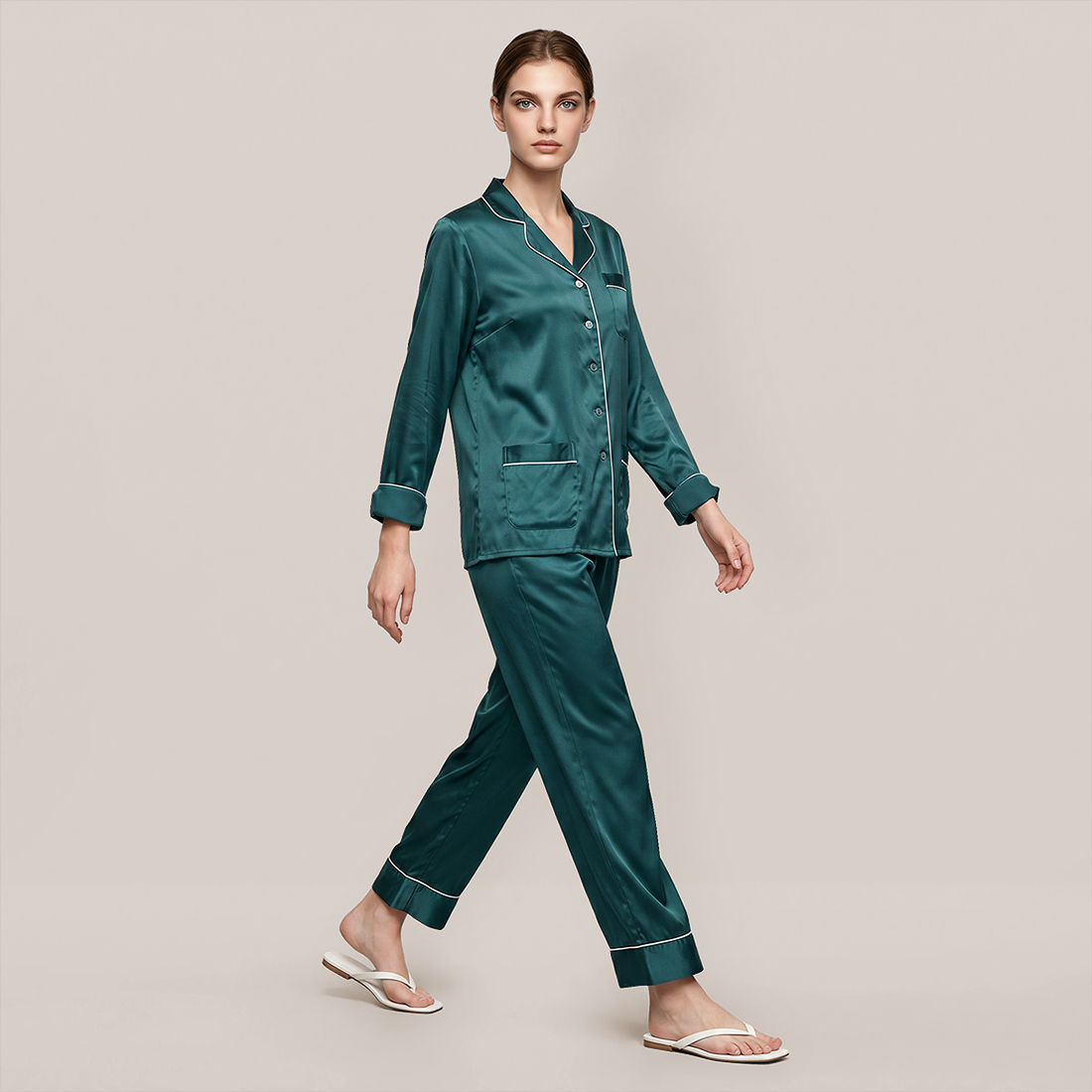 100% Mulberry Silk V-Neck Long Sleeve Pajama Set 25mm - Nomee