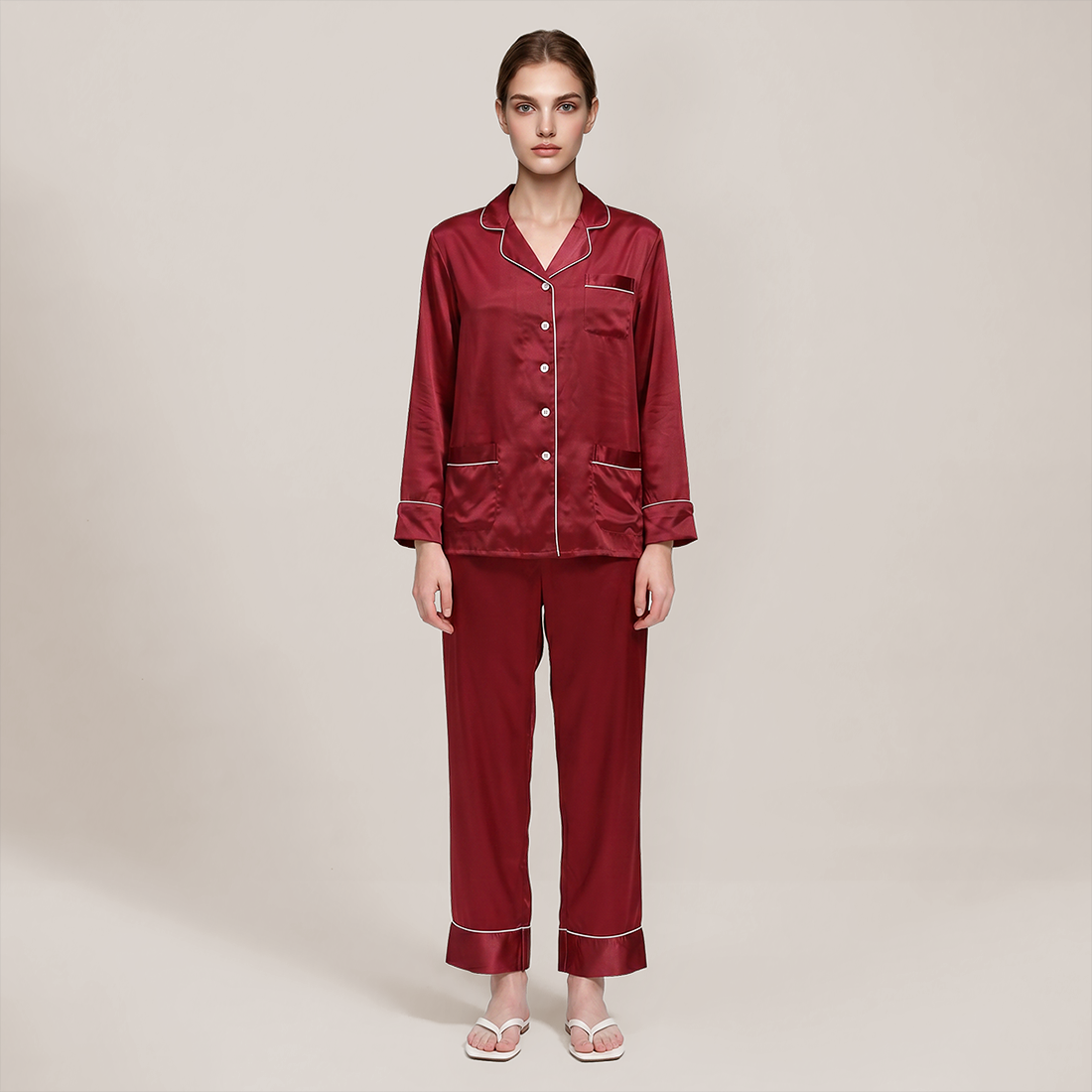 100% Mulberry Silk V-Neck Long Sleeve Pajama Set 25mm - Nomee