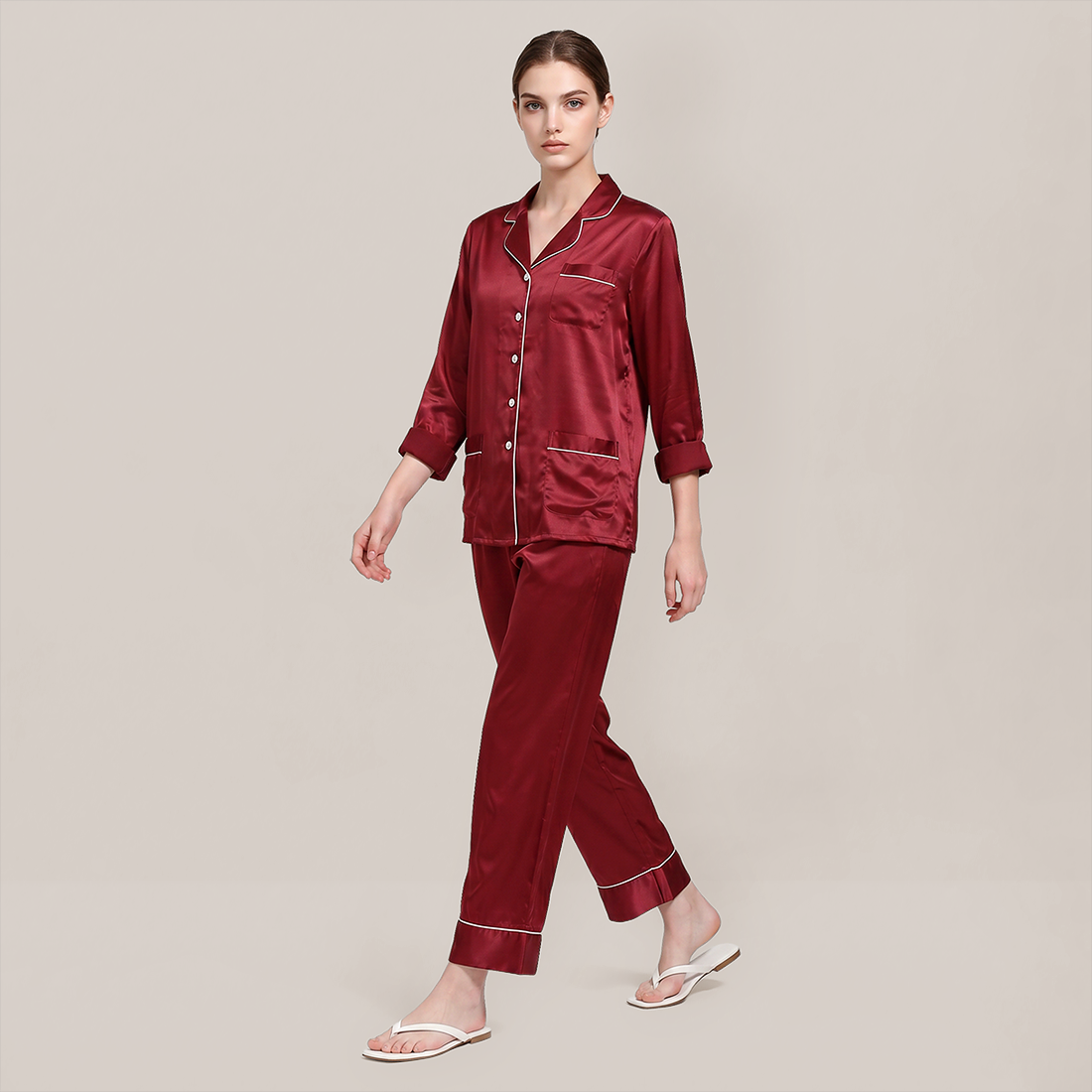 100% Mulberry Silk V-Neck Long Sleeve Pajama Set 25mm - Nomee