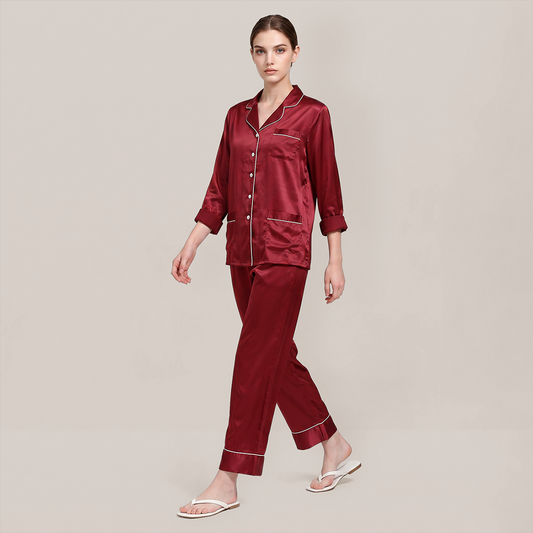 100% Mulberry Silk V-Neck Long Sleeve Pajama Set 25mm - Nomee