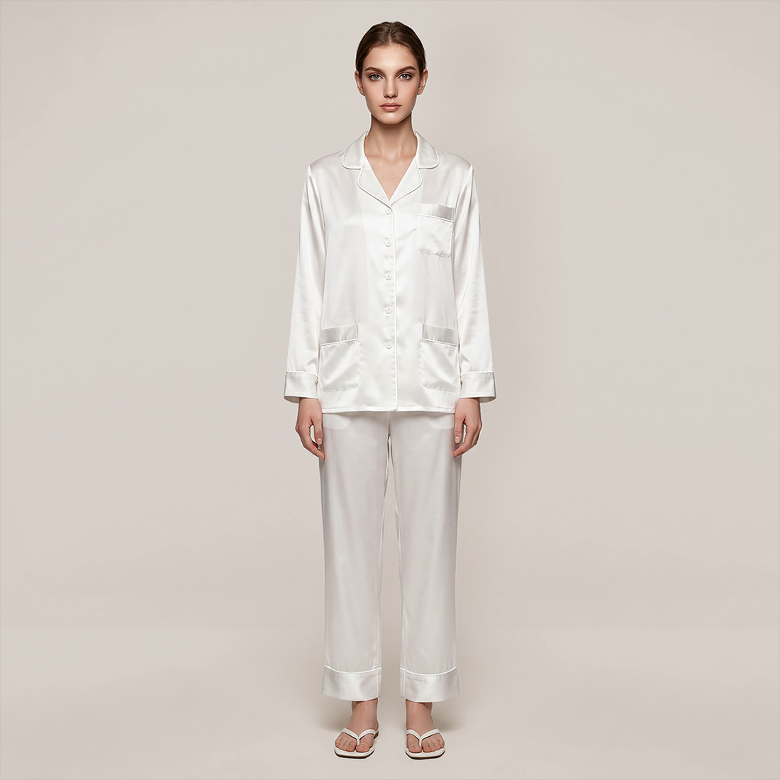 100% Mulberry Silk V-Neck Long Sleeve Pajama Set 25mm - Nomee