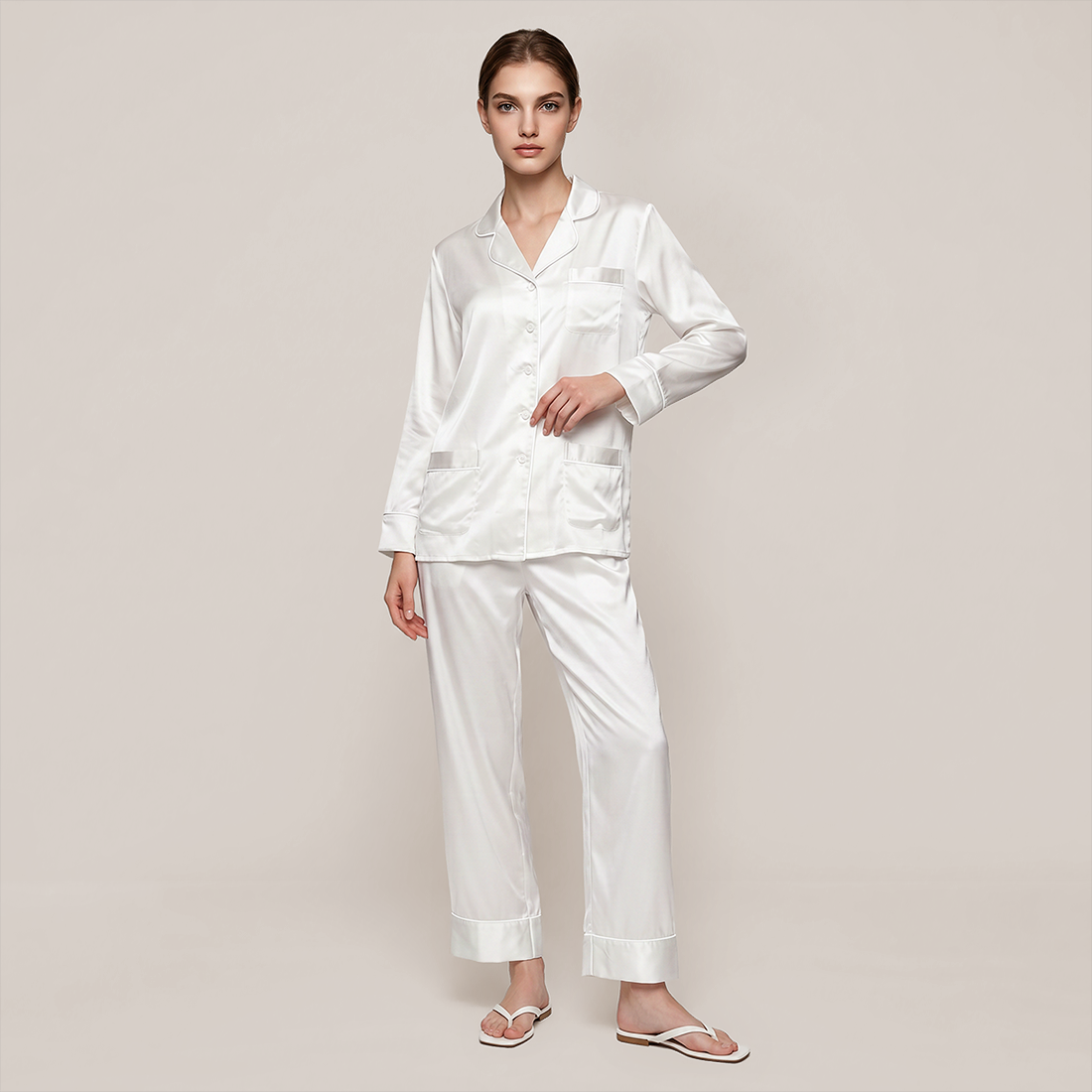 100% Mulberry Silk V-Neck Long Sleeve Pajama Set 25mm - Nomee