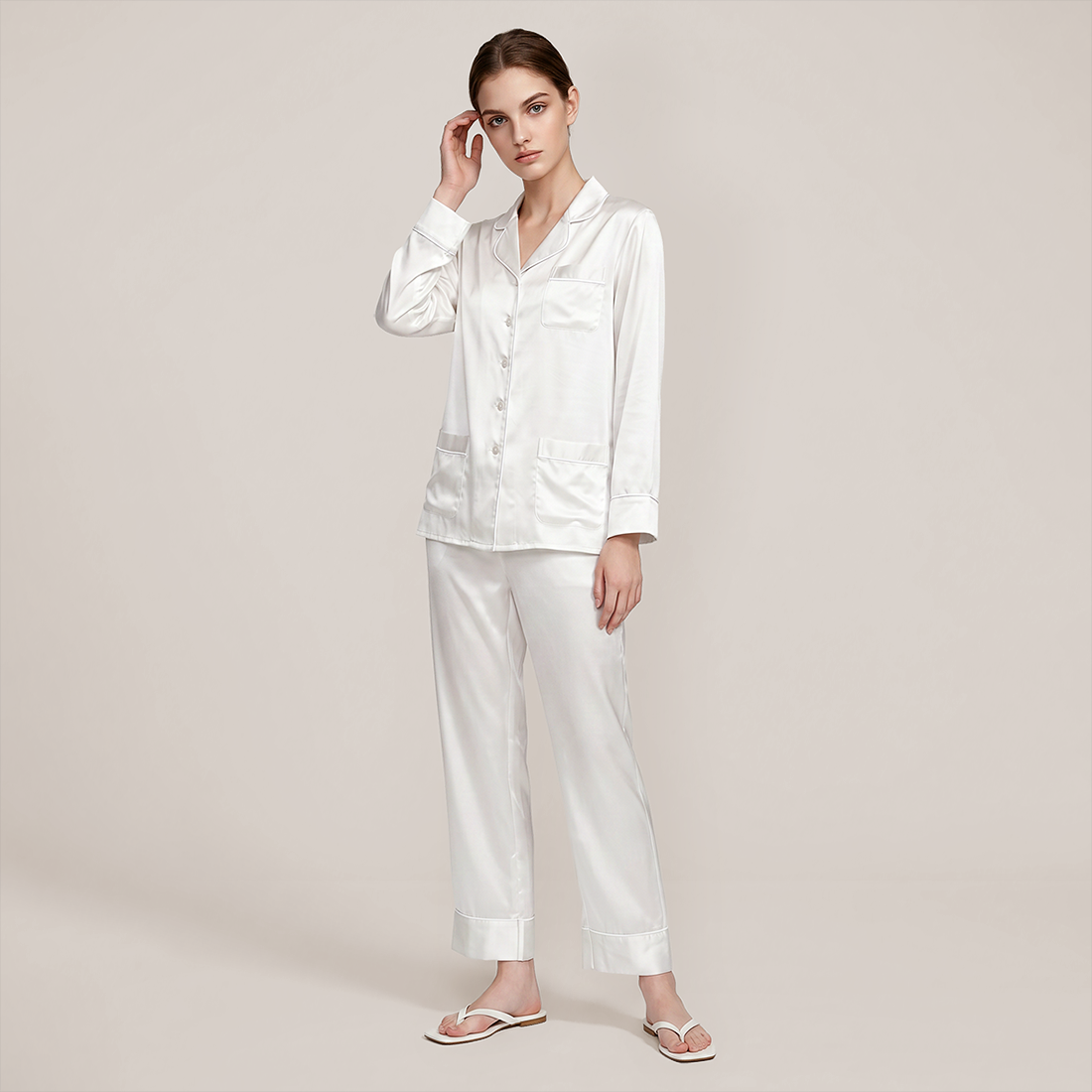 100% Mulberry Silk V-Neck Long Sleeve Pajama Set 25mm - Nomee