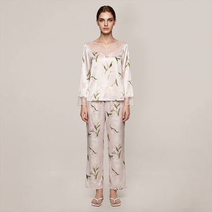 100% Mulberry Silk French Floral Print Long Sleeve Pajama Set - Nomee